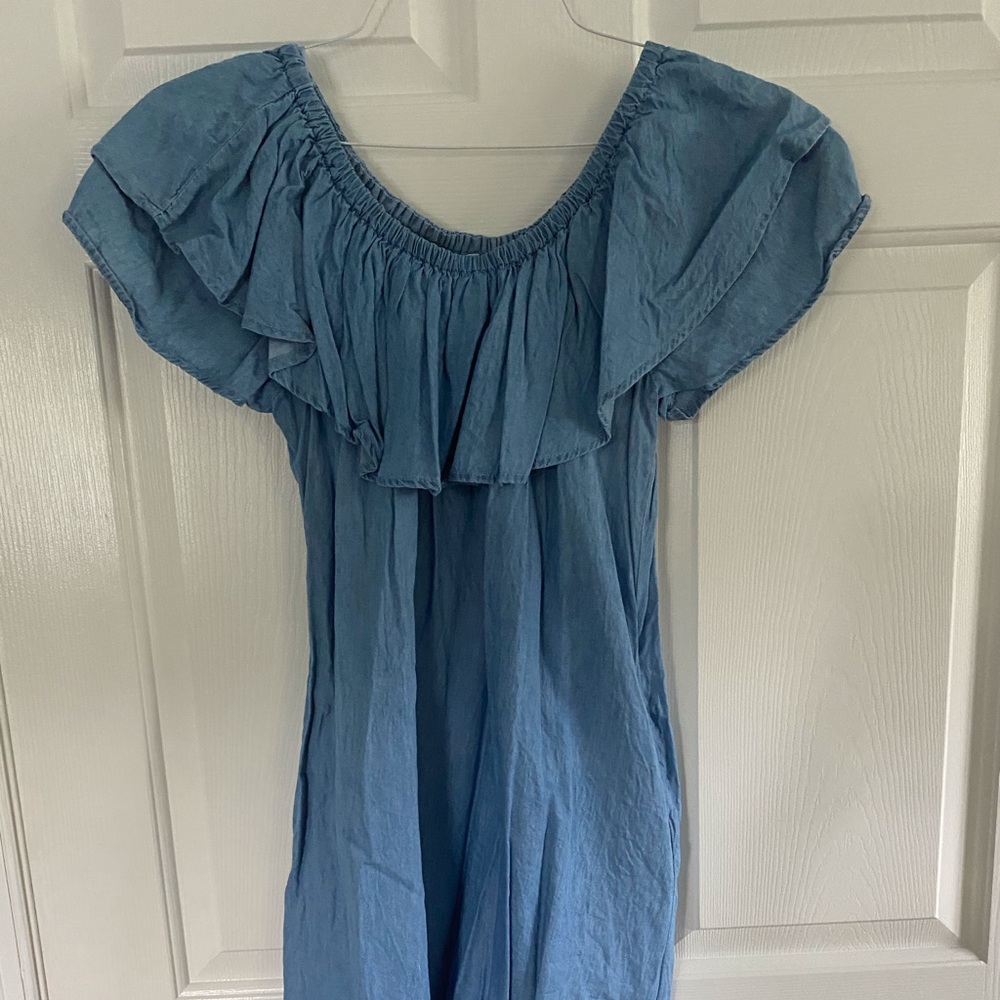 Denim Dress with ruffled boatneck